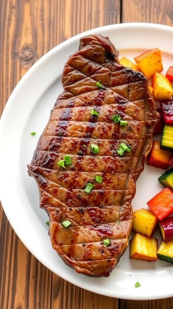 Juicy air fryer steak garnished with herbs, served with roasted vegetables on a rustic table.
